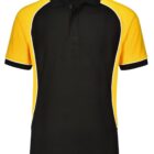 Yellow and black polo shirt with white piping and a blue label on the collar.