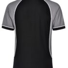 Black and gray short-sleeve polo shirt viewed from the back.