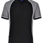 Black and gray polo shirt with white piping detail.
