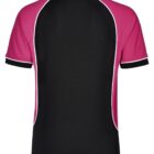 Back view of a black and magenta polo shirt with white trim.