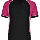 Black polo shirt with magenta sleeves and white piping.