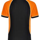 Back view of a black polo shirt with orange sleeves and white trim.