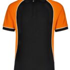 Black and orange polo shirt with white piping accents on sleeves and sides.