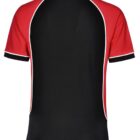 Back view of a black polo shirt with red sleeves and white trim.