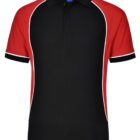 Black polo shirt with red sleeves and white trim.