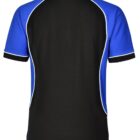 Back view of a shirt with black and blue panels and white piping.
