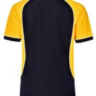 Black and yellow short-sleeve collared shirt viewed from the back.