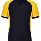 Black and yellow polo shirt with a collar and short sleeves.