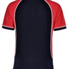 Back view of a black polo shirt with red sleeves and white piping.