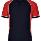 Black polo shirt with red sleeves and white trim.
