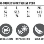 Size chart for mens polo shirts with features like UV protection and moisture-wicking.