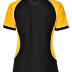 Back view of a black and yellow short-sleeve shirt with white piping.