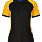 Black and yellow short-sleeve polo shirt with white trim accents.