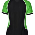 Back view of a black and green polo shirt with white trim.