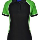 Black polo shirt with green sleeves and white accents.