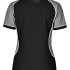 Black and gray short-sleeve shirt, back view, with white piping along the seams.