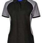 Black polo shirt with gray sleeves and white piping accents.
