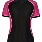 Black and pink collared shirt with white piping on sleeves and sides.