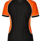 Black polo shirt with orange panels and white piping, viewed from the back.