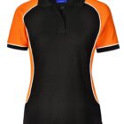 Black and orange polo shirt with white piping.