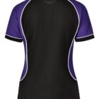 Black and purple polo shirt with white trim, back view.