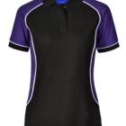 Black and purple polo shirt with white piping detail.