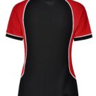 Back view of a black polo shirt with red sleeves and white piping accents.
