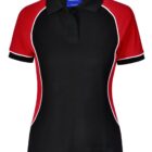 Black polo shirt with red and white accents on sleeves and sides.