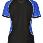 Back view of a black shirt with blue sleeves and white piping.