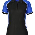 Black and blue polo shirt with white piping details.