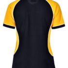 Black and yellow sports jersey, back view, with white piping.