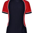 Rear view of a black and red sports jersey with white piping on the sleeves and sides.