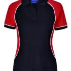 Black and red polo shirt with white piping accents.