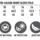 Size chart and features for ladies polo shirt, including fit, chest, and body length.