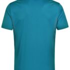 Back view of a teal short-sleeve polo shirt with black piping on the sides.