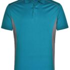 Teal polo shirt with gray side panels on a white background.