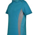 Blue polo shirt with gray side panels on a white background.