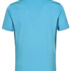 Blue short-sleeve polo shirt, back view.