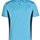 Light blue polo shirt with dark side panels and a collar.