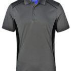 Gray polo shirt with black side panels on a white background.