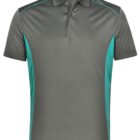 Gray and teal short-sleeve polo shirt with black accents.