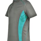 Gray polo shirt with teal side panels and black mesh accents.