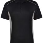 Black and gray collared polo shirt with button front.