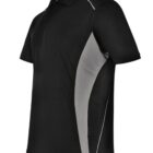 Black polo shirt with gray side panels, viewed from an angle.