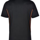 Back view of a black polo shirt with orange side accents.