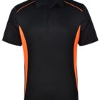 Black polo shirt with bright orange side panels and short sleeves.