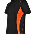 Black polo shirt with orange side panels, shown from an angled front view.