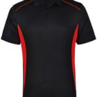 Black and red polo shirt with red side panels and short sleeves.