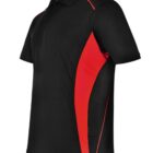 Black polo shirt with a red stripe on the side and red accents on the shoulders.