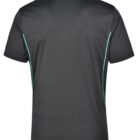 Back view of a black polo shirt with teal piping on the sides.